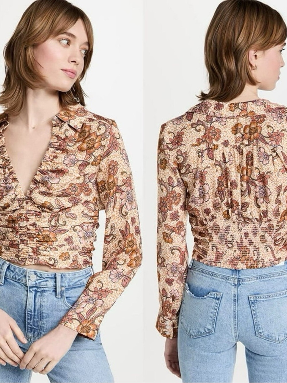 Free People Floral Ruched V-Neck Long Sleeve Top - Cream & Brown